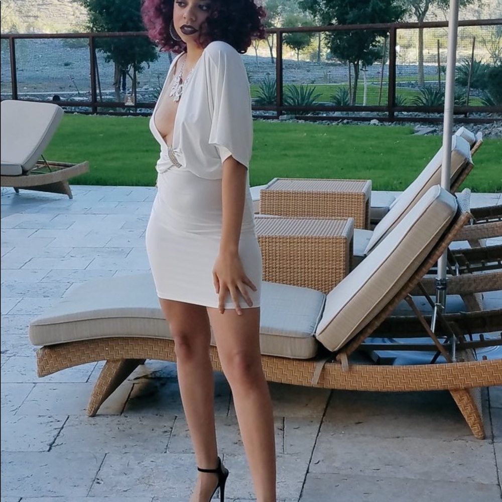 White Deep-V Wing Sleeve Dress